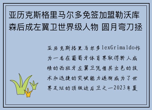 亚历克斯格里马尔多免签加盟勒沃库森后成左翼卫世界级人物 圆月弯刀拯救球队 亚历克斯格里马尔多免签加盟勒沃库森后成左翼卫世界级人物 圆月弯刀拯救球队