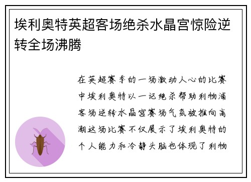 埃利奥特英超客场绝杀水晶宫惊险逆转全场沸腾 埃利奥特英超客场绝杀水晶宫惊险逆转全场沸腾
