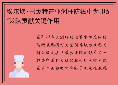 埃尔坎·巴戈特在亚洲杯防线中为印尼队贡献关键作用