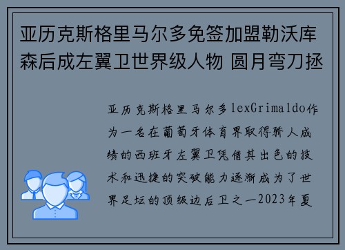 亚历克斯格里马尔多免签加盟勒沃库森后成左翼卫世界级人物 圆月弯刀拯救球队 亚历克斯格里马尔多免签加盟勒沃库森后成左翼卫世界级人物 圆月弯刀拯救球队